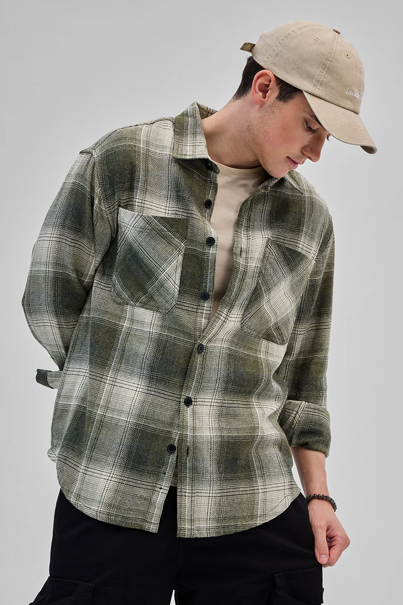 Green Double Pocket Flannel Overshirt