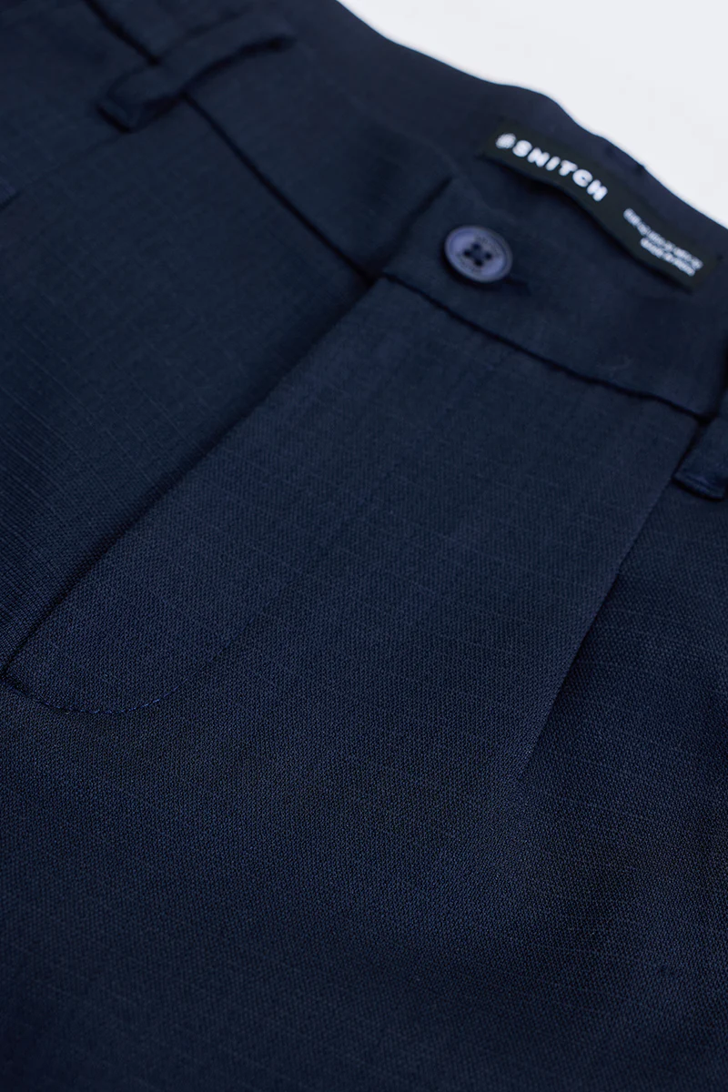 Navy Self-Design Slim Fit Trousers 2 Navy Self-Design Slim Fit Trousers
