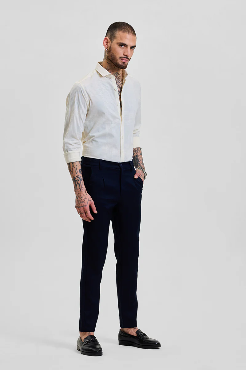 Navy Self-Design Slim Fit Trousers 3 Navy Self-Design Slim Fit Trousers