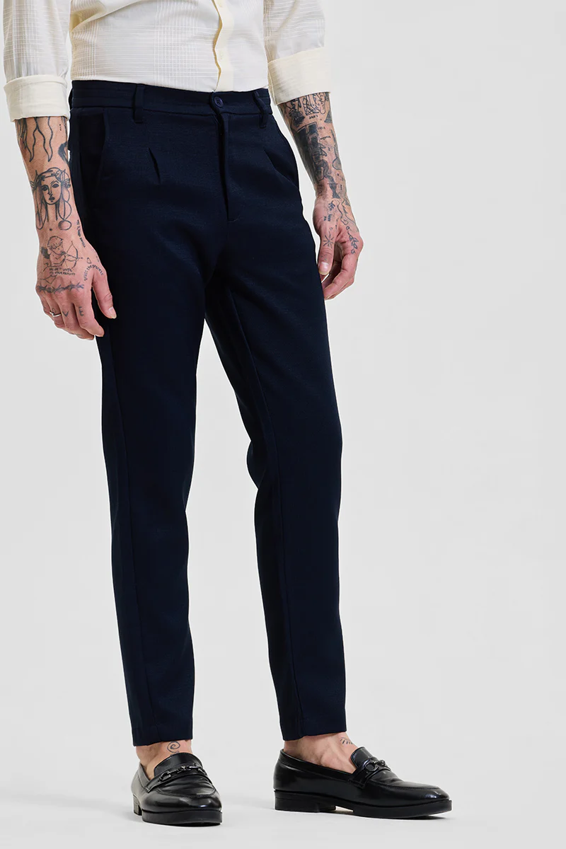 Navy Self-Design Slim Fit Trousers 4 Navy Self-Design Slim Fit Trousers