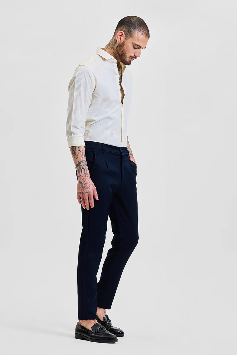 Navy Self-Design Slim Fit Trousers 5 Navy Self-Design Slim Fit Trousers