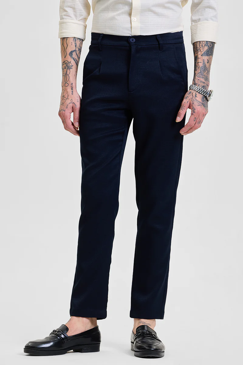 Navy Self-Design Slim Fit Trousers 6 Navy Self-Design Slim Fit Trousers