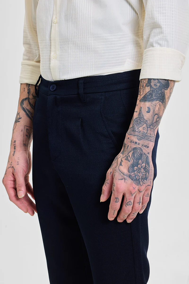 Navy Self-Design Slim Fit Trousers 7 Navy Self-Design Slim Fit Trousers