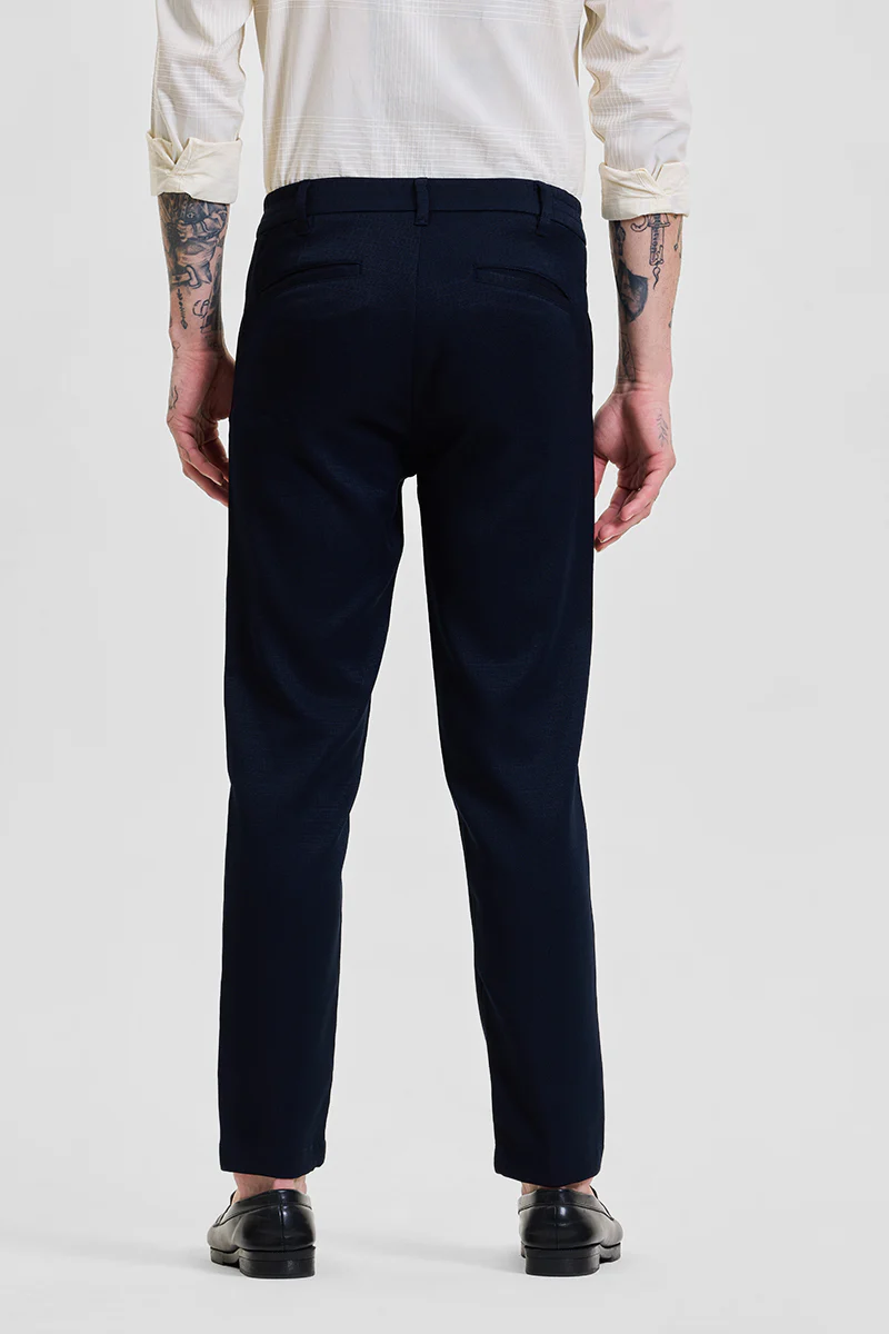 Navy Self-Design Slim Fit Trousers 8 Navy Self-Design Slim Fit Trousers