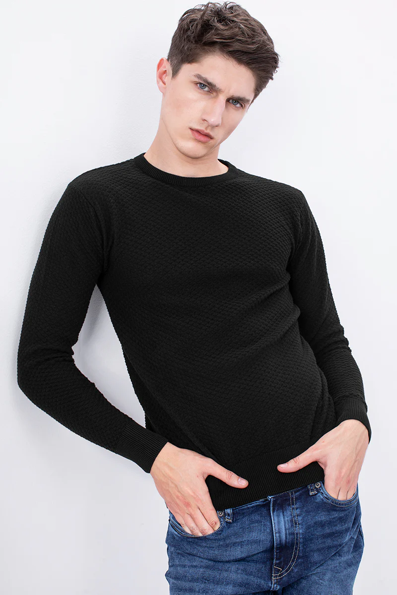 Black Solid Rib-Knit Crew Neck Sweater