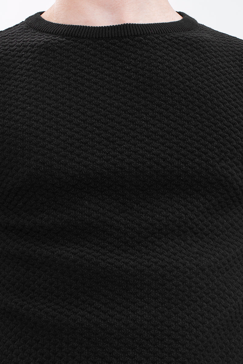 Black Solid Rib-Knit Crew Neck Sweater