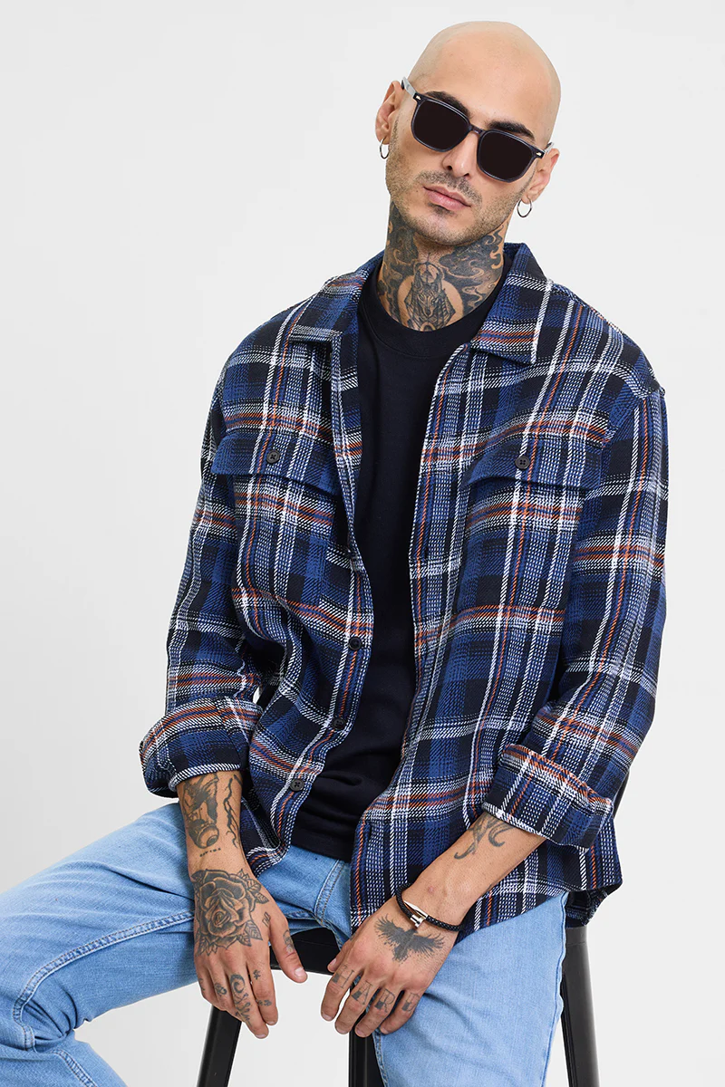 Navy Checks Relaxed Fit Overshirt