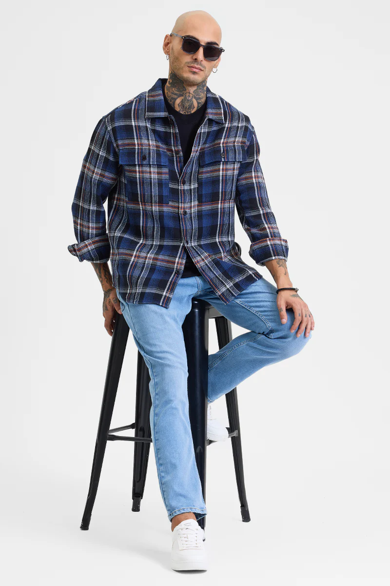 Navy Checks Relaxed Fit Overshirt 3 Navy Checks Relaxed Fit Overshirt