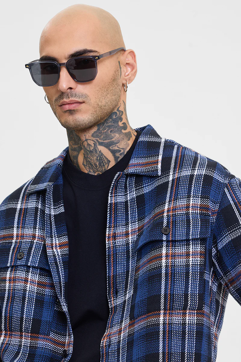 Navy Checks Relaxed Fit Overshirt 4 Navy Checks Relaxed Fit Overshirt