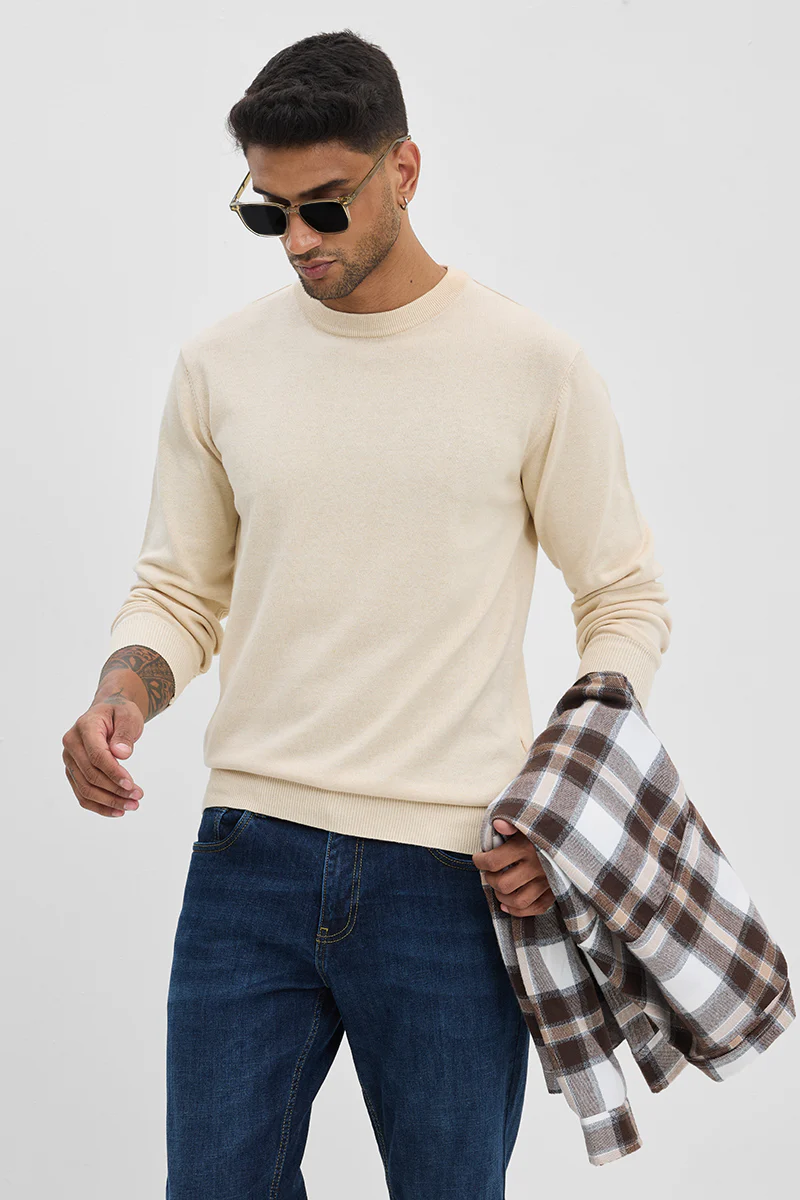 Beige Solid Slim Fit Sweater
