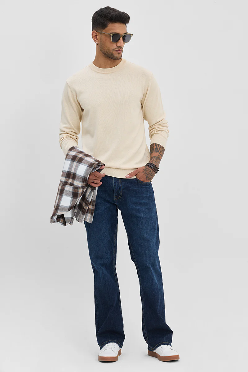 Beige Solid Slim Fit Sweater