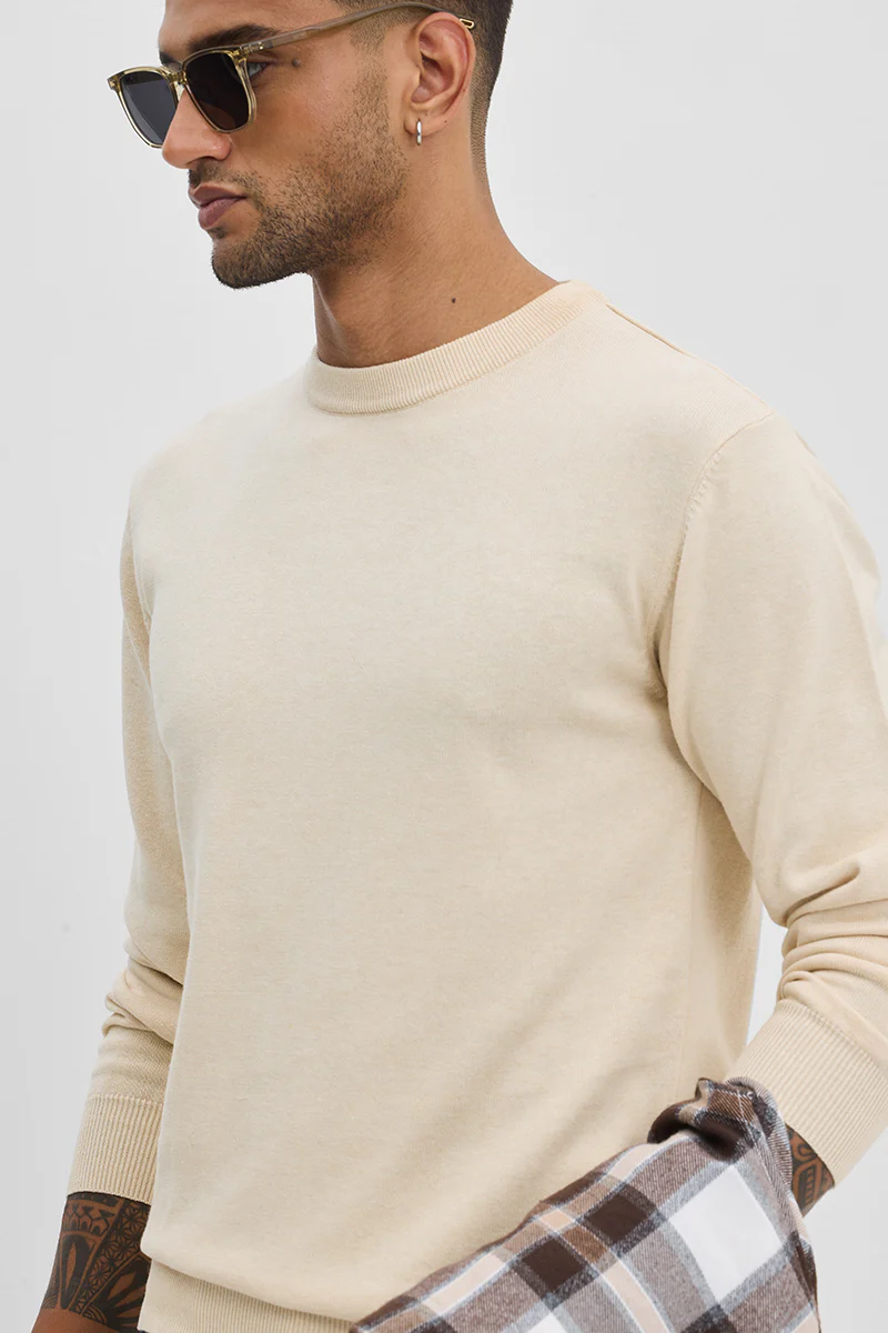 Beige Solid Slim Fit Sweater 4 Beige Solid Slim Fit Sweater