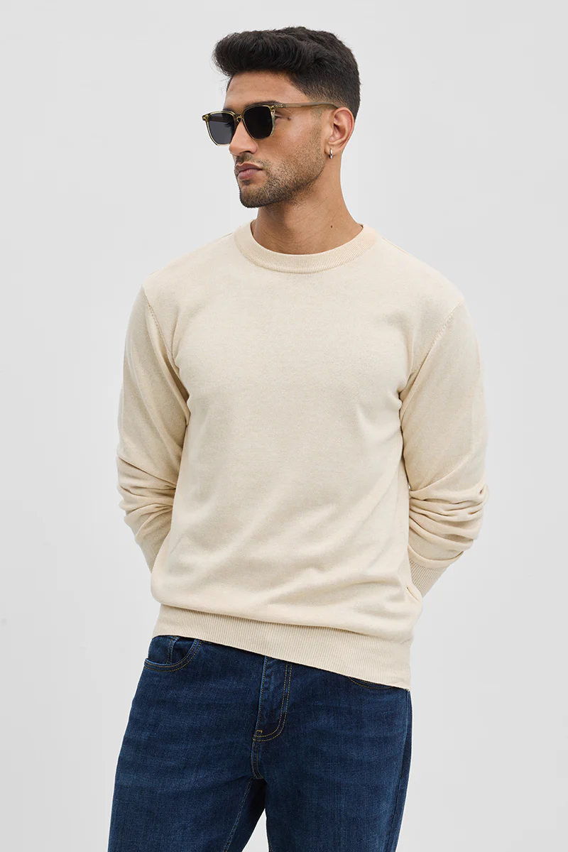 Beige Solid Slim Fit Sweater 5 Beige Solid Slim Fit Sweater