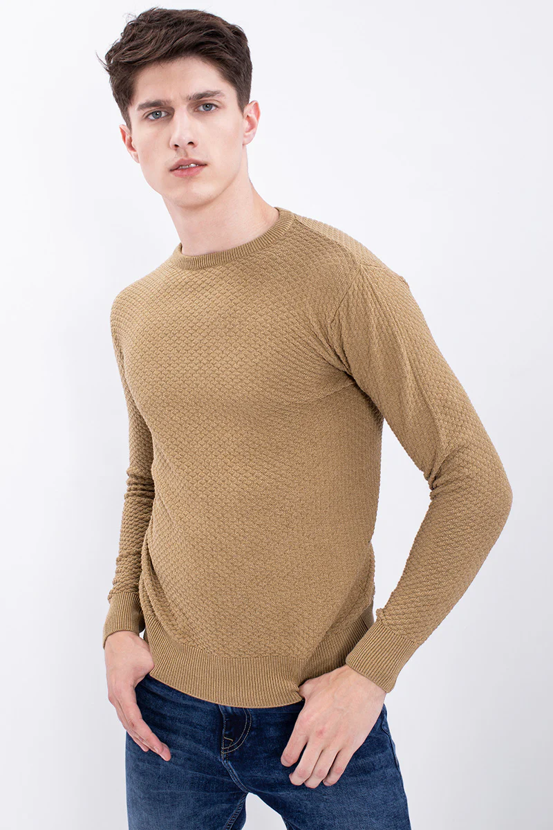 Beige Solid Rib-Knit Crew Neck Sweater