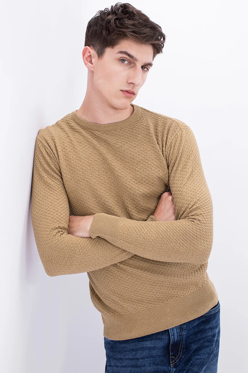 Beige Solid Rib-Knit Crew Neck Sweater