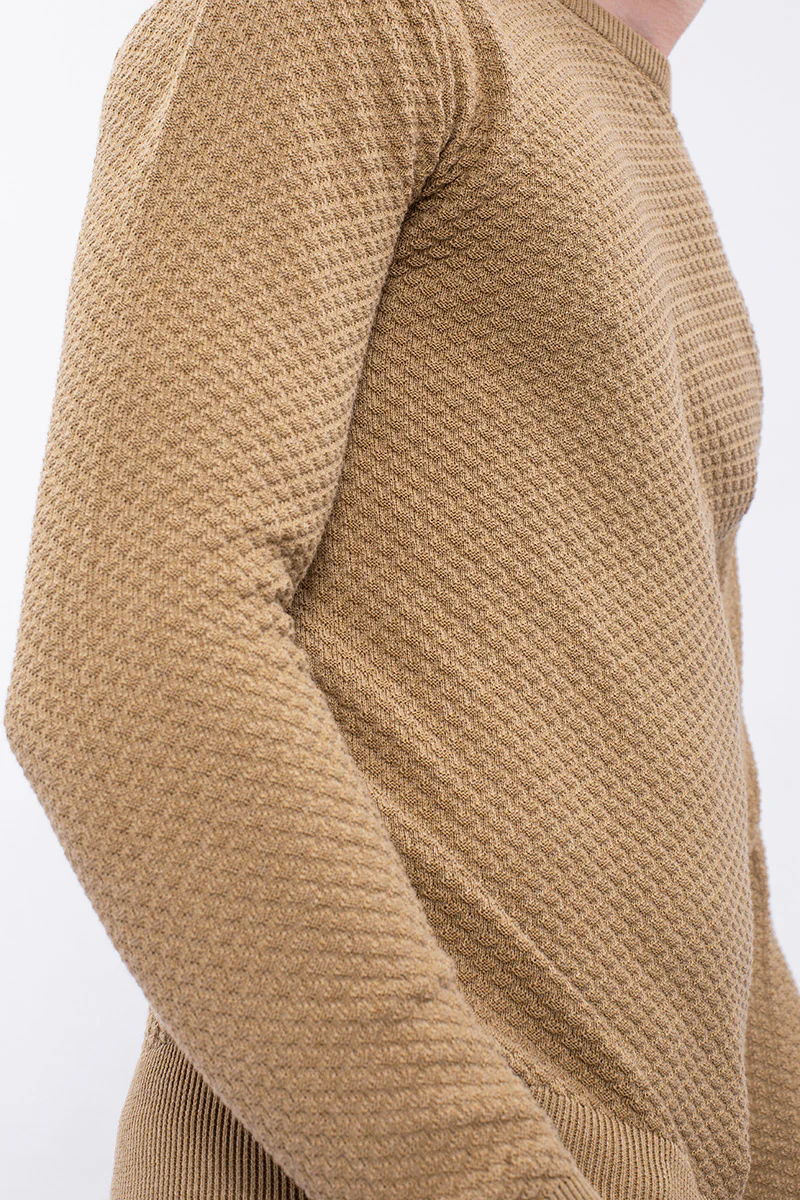 Beige Solid Rib-Knit Crew Neck Sweater