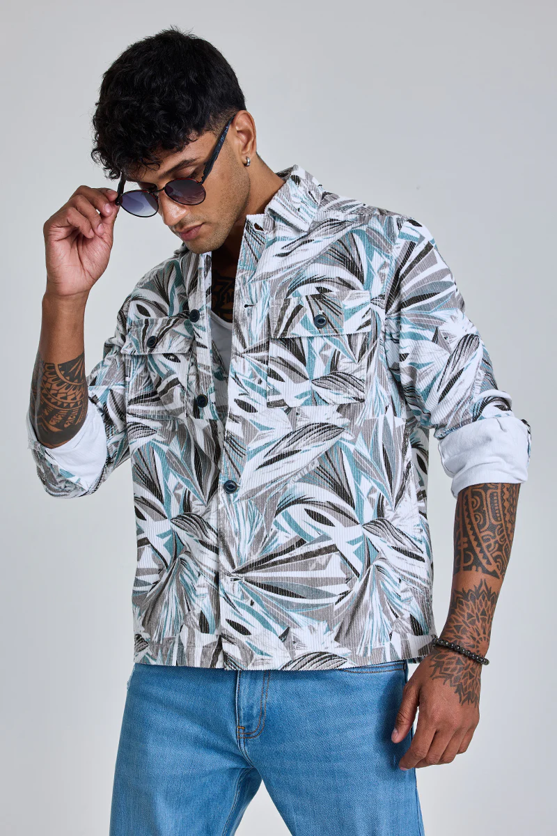 White Abstract Corduroy Overshirt