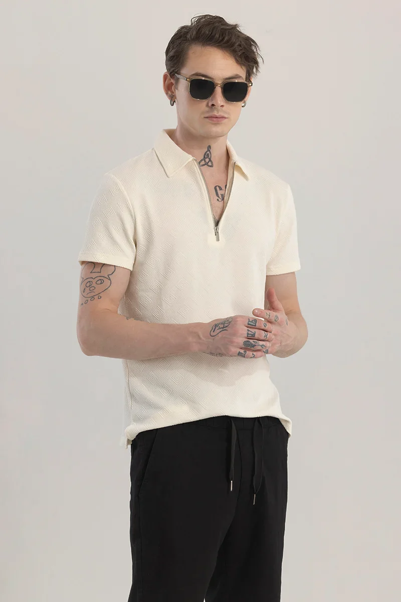 Home 248 ZipPolo Printed Cream Polo T-Shirt
