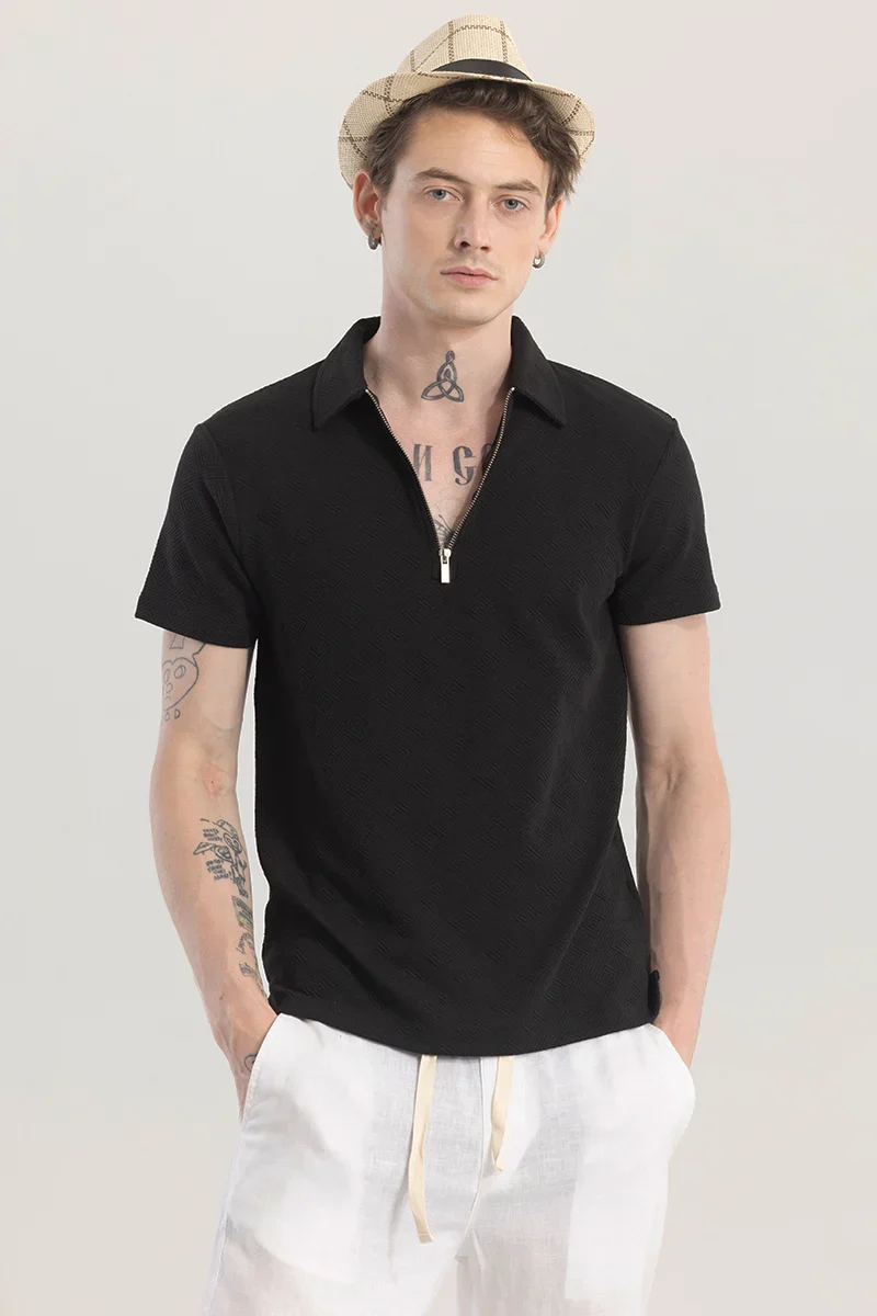 Home 245 ZipPolo Black Printed Polo T-shirt