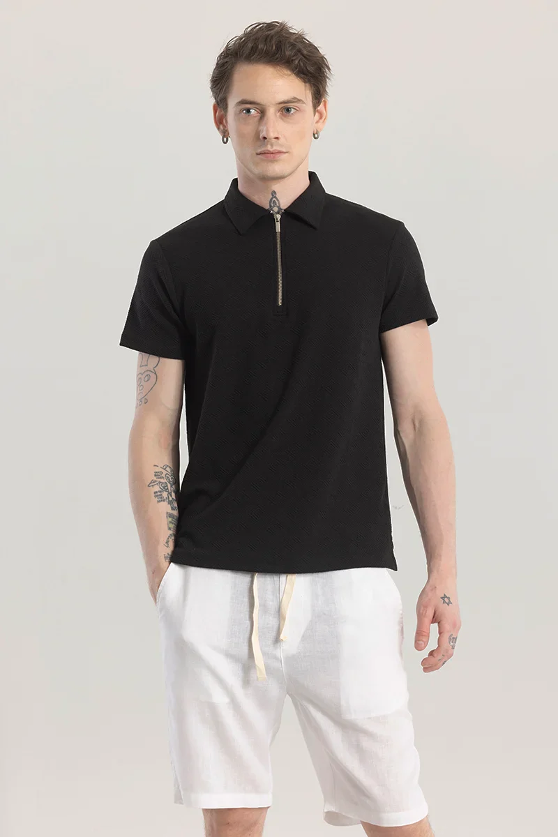 Home 247 ZipPolo Black Printed Polo T-shirt