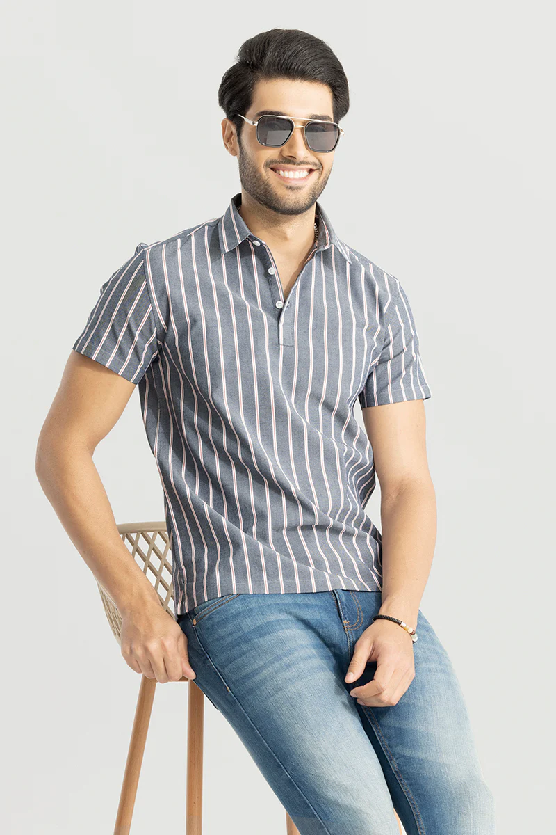 Home 213 Sleek Stripe Grey Polo T-Shirt