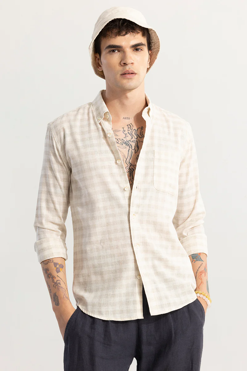 Home 152 Pattern Mini Check Beige Linen Shirt
