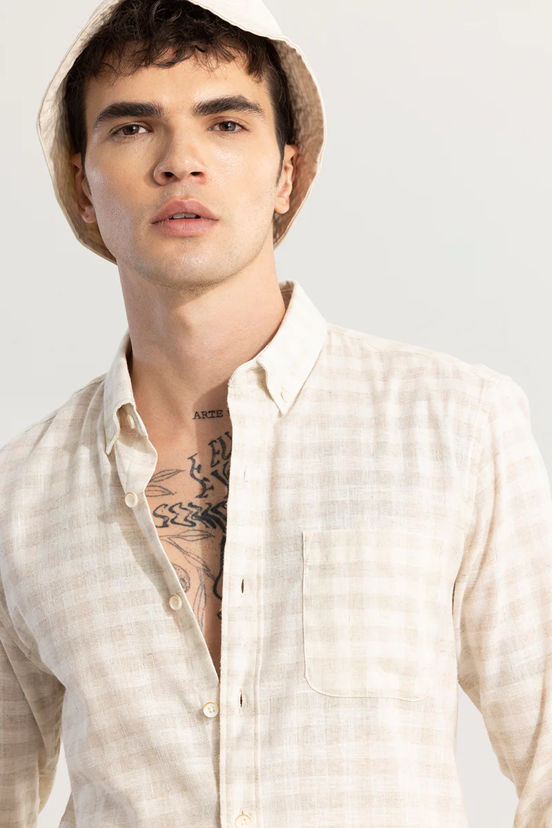 Home 154 Pattern Mini Check Beige Linen Shirt