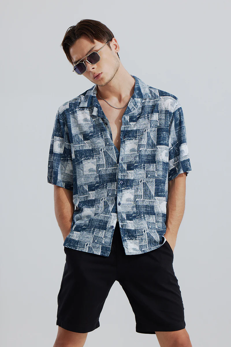 Home 29 Abstract Squares Dark Blue Oversized Shirt