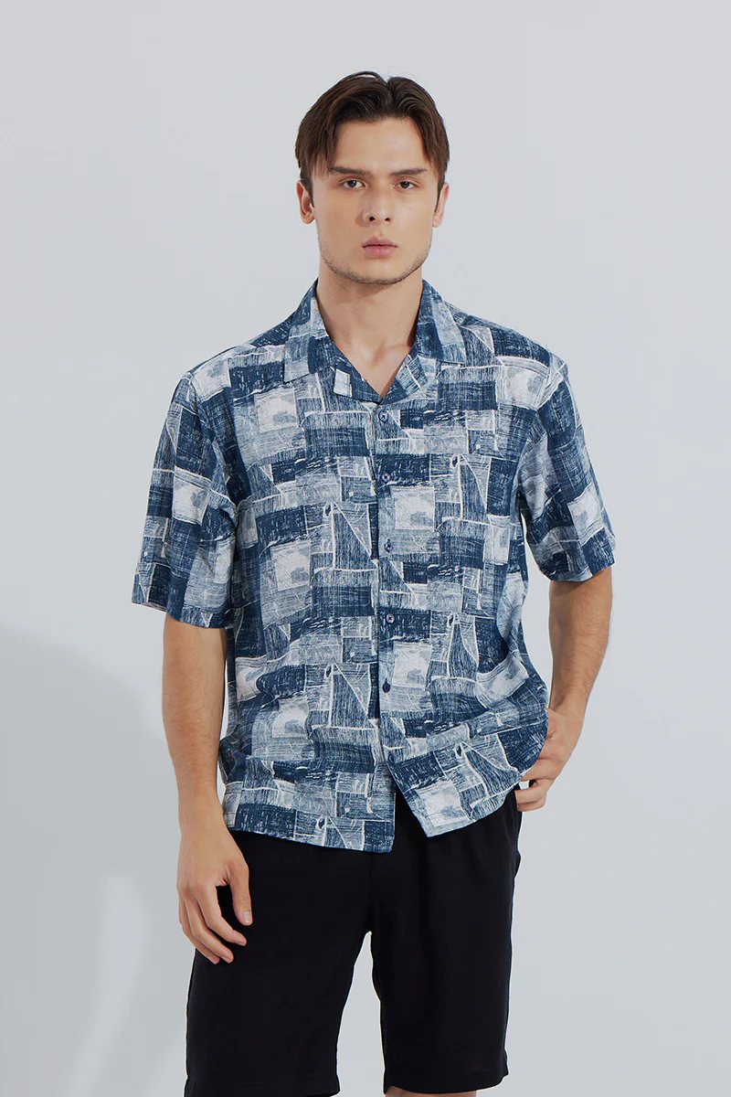 Home 31 Abstract Squares Dark Blue Oversized Shirt