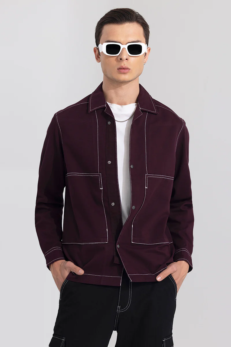 Contrast Stitch Wine Overshirt