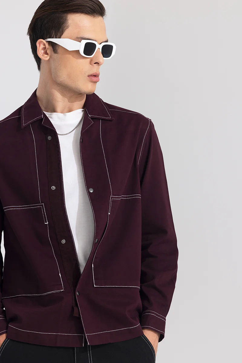 Contrast Stitch Wine Overshirt
