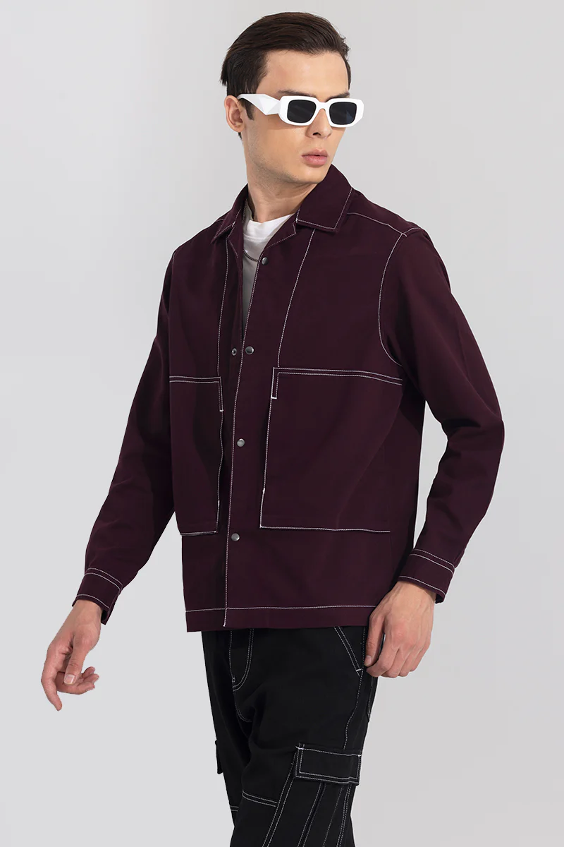 Contrast Stitch Wine Overshirt