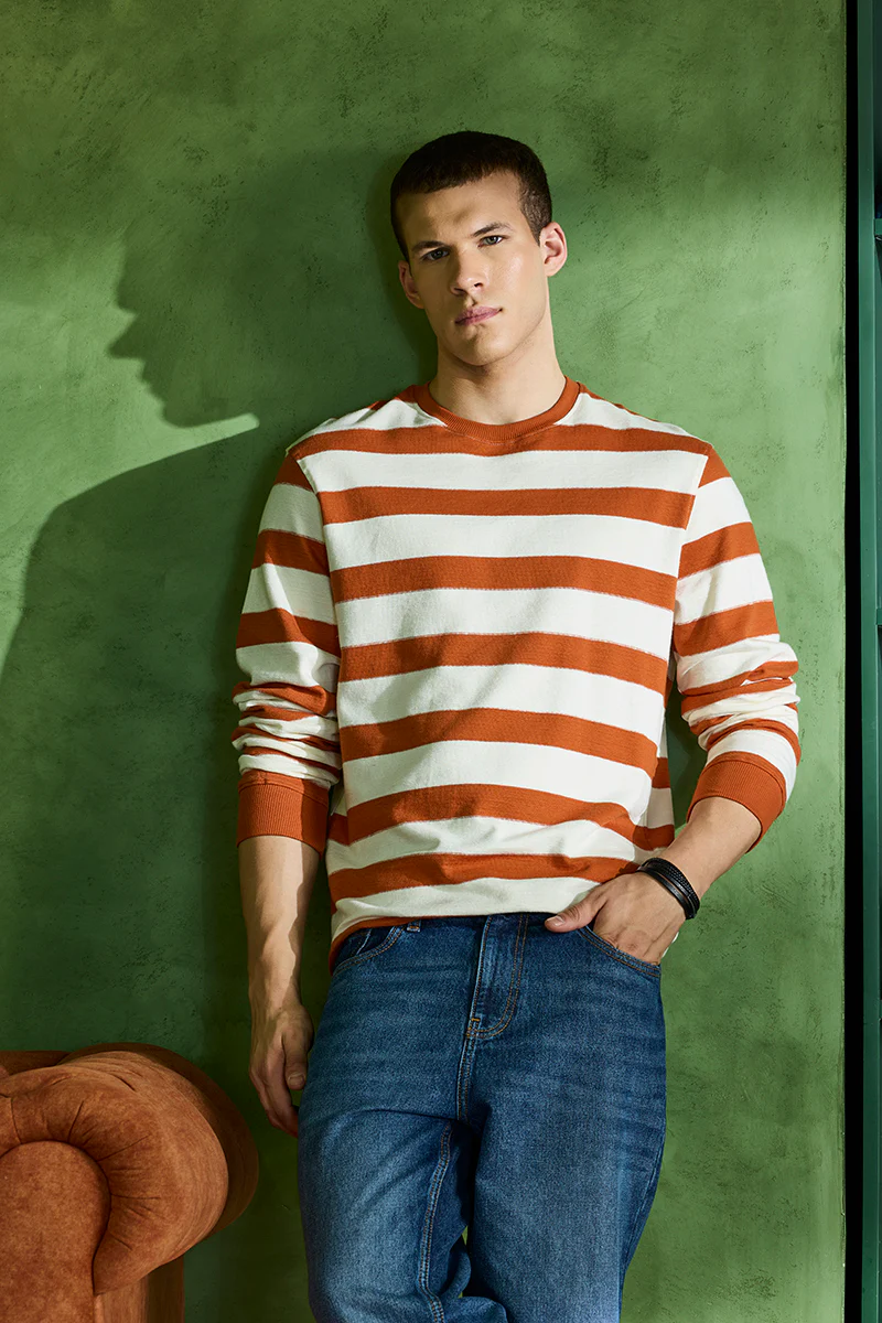 Orange Knitted Stripes Sweater