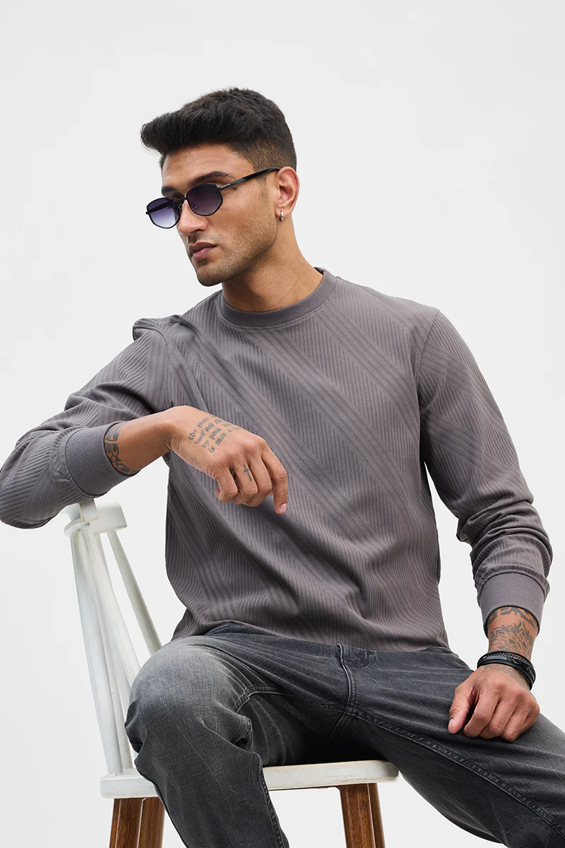 Grey Self-Design Slim Fit Sweater