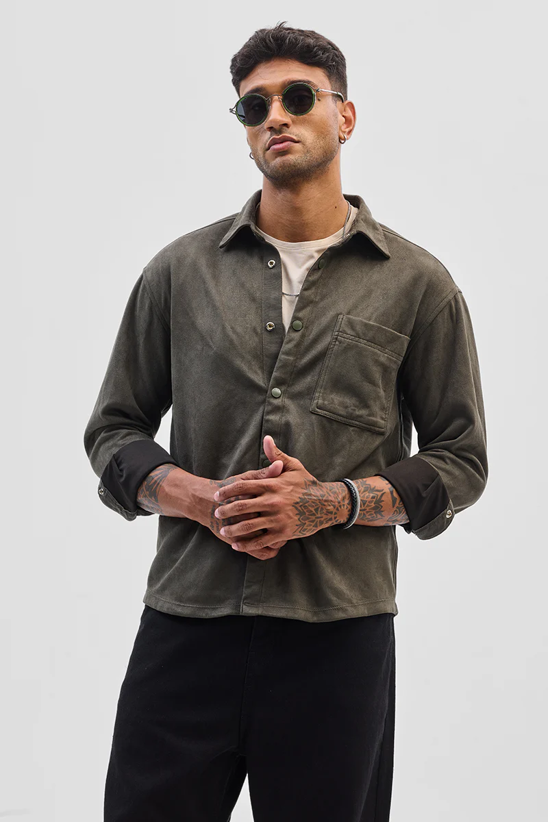 Olive Suede Snap Button Overshirt