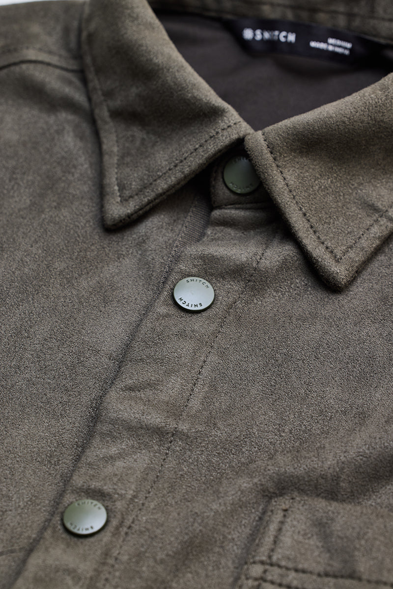 Olive Suede Snap Button Overshirt 2 Olive Suede Snap Button Overshirt