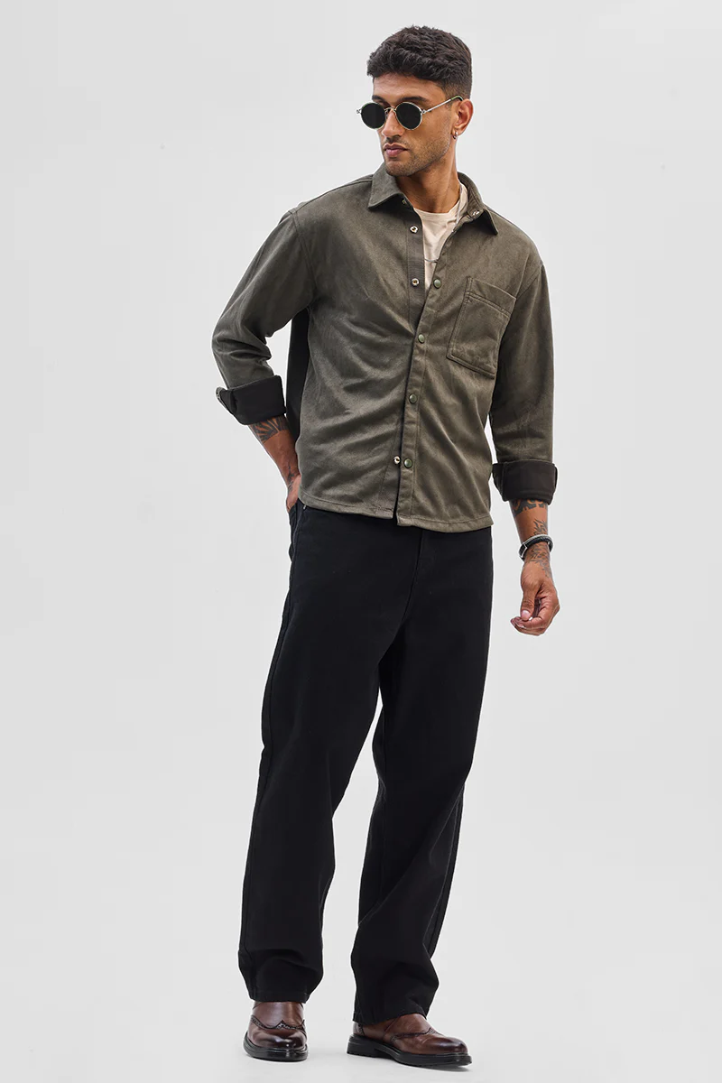Olive Suede Snap Button Overshirt 3 Olive Suede Snap Button Overshirt
