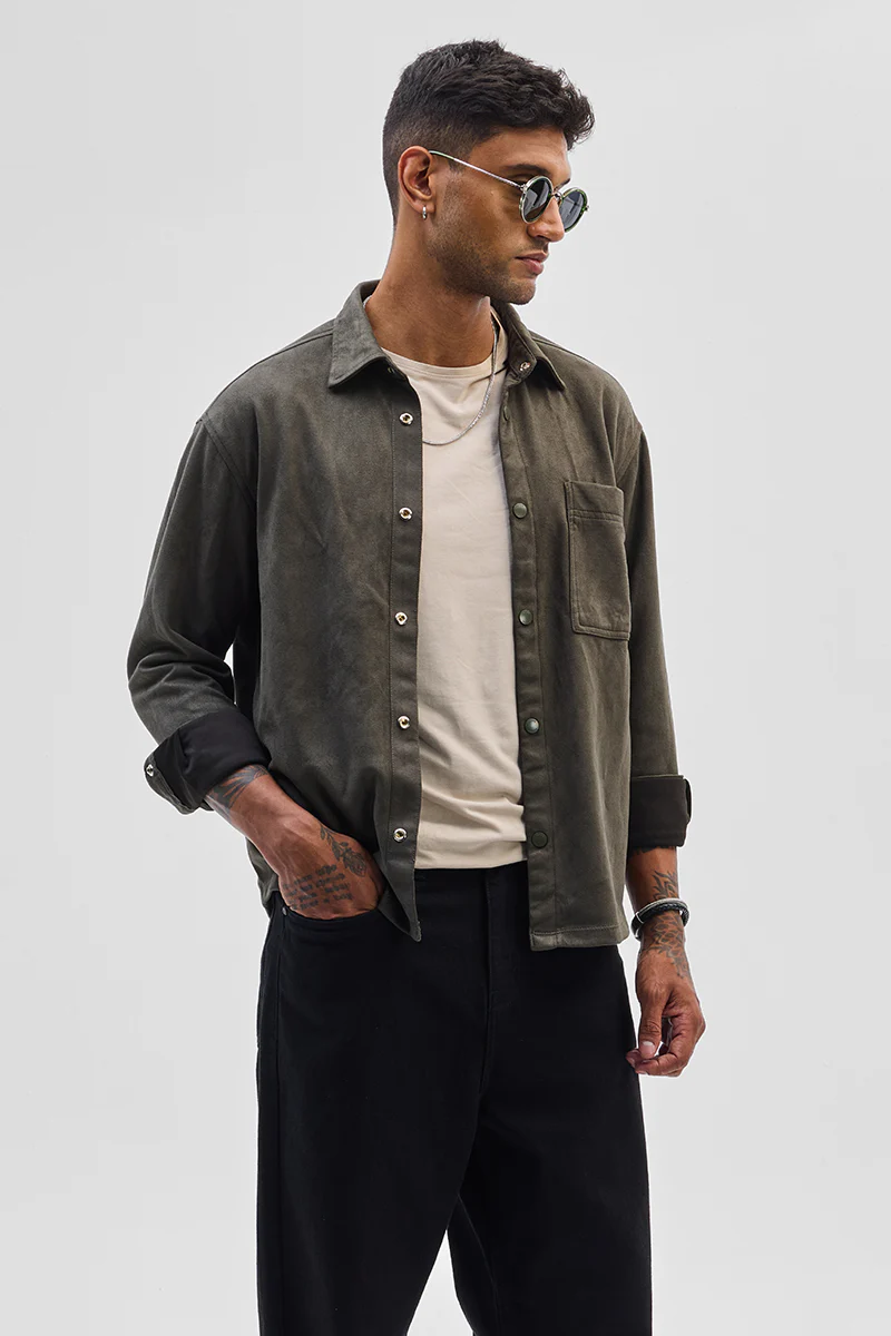Olive Suede Snap Button Overshirt 4 Olive Suede Snap Button Overshirt