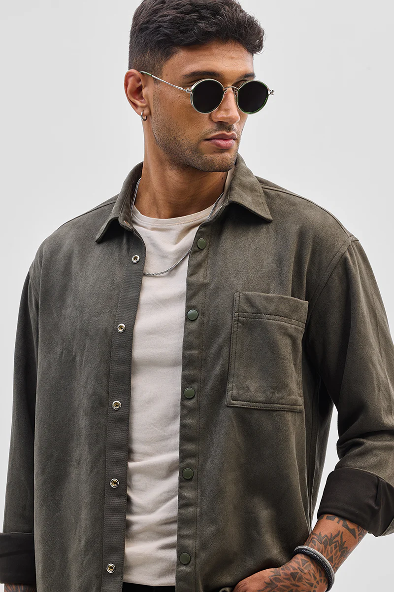 Olive Suede Snap Button Overshirt 5 Olive Suede Snap Button Overshirt