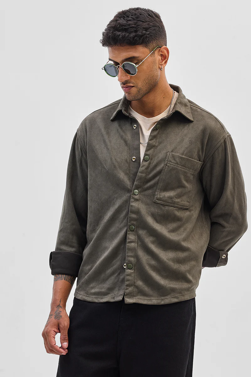 Olive Suede Snap Button Overshirt 6 Olive Suede Snap Button Overshirt