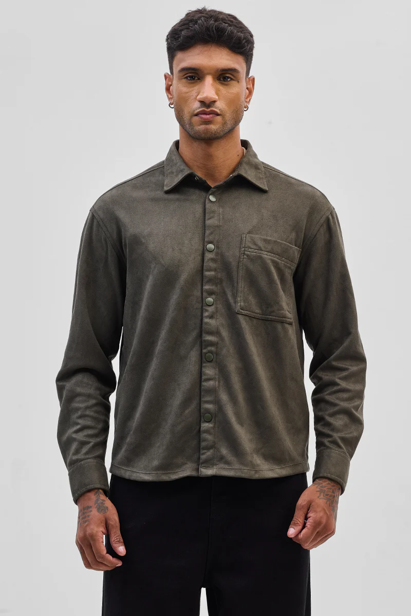 Olive Suede Snap Button Overshirt 7 Olive Suede Snap Button Overshirt